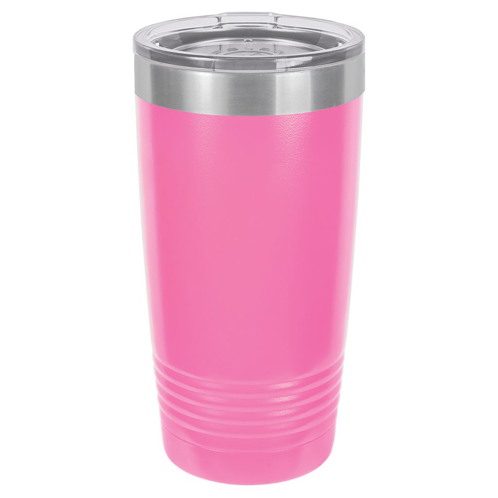 Pink 20oz. insulated tumbler with a clear slider lid.