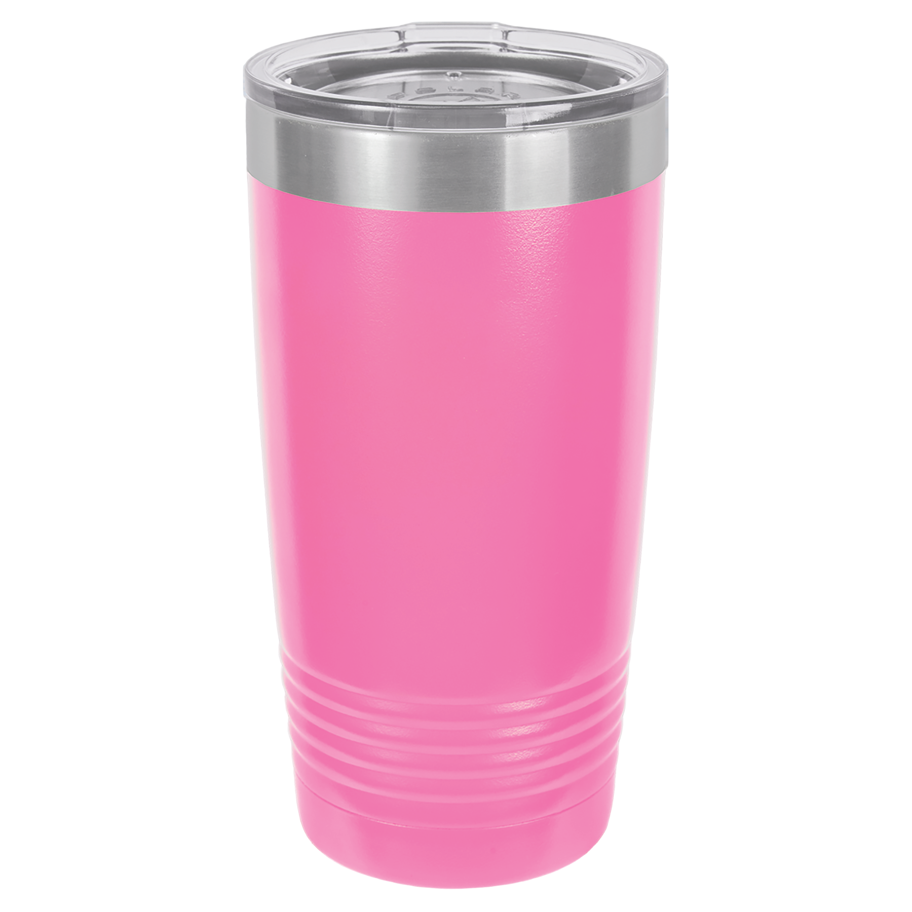 Pink 20oz. insulated tumbler with a clear slider lid.