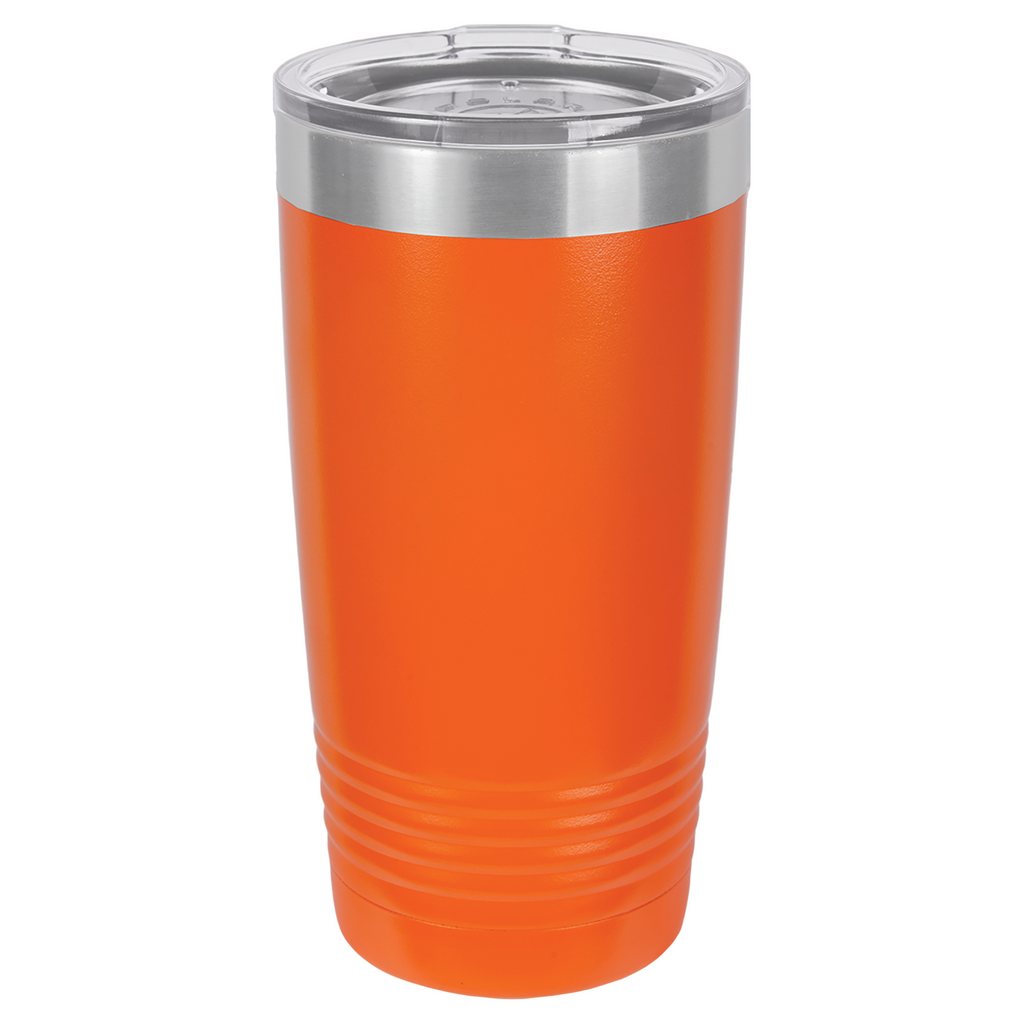 Orange 20oz. insulated tumbler with a clear lid. 