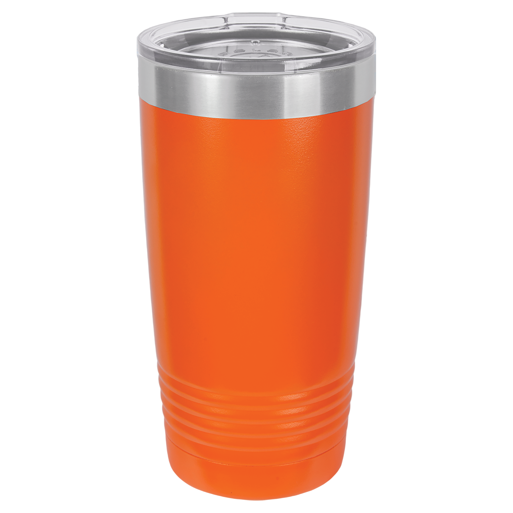 Orange 20oz. insulated tumbler with a clear lid. 