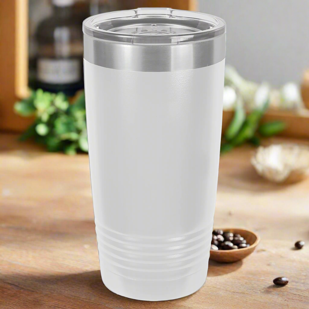 White 20oz. insulated tumbler with a clear slider lid.